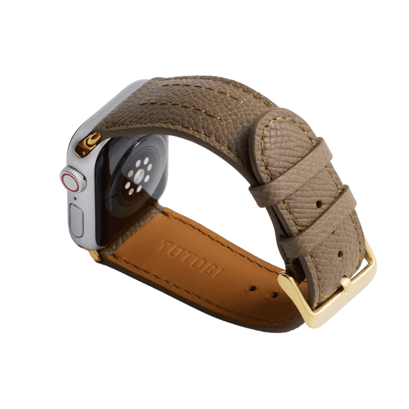 【YUTORI】AppleWatch用ラグジュアリーレザーバンド(色:トープ、ゴールド金具)左後