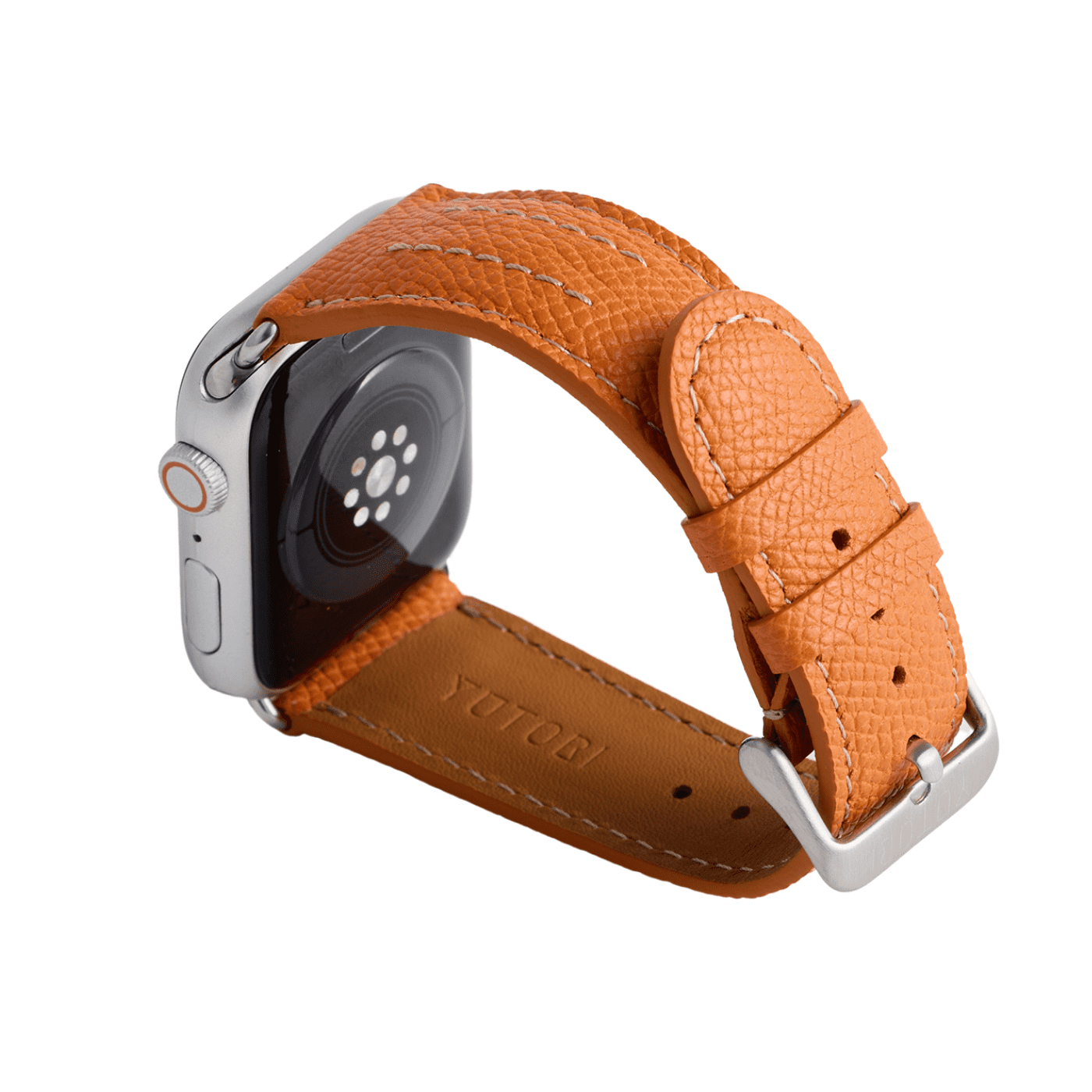 【YUTORI】AppleWatch用ラグジュアリーレザーバンド(色:オレンジ、シルバー金具)左後