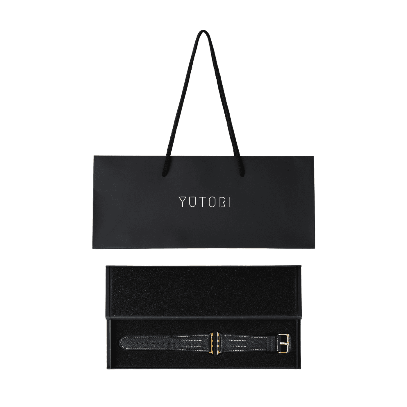 【YUTORI】AppleWatch用ラグジュアリーレザーバンド(色:ブラック、ゴールド金具)ショッパー