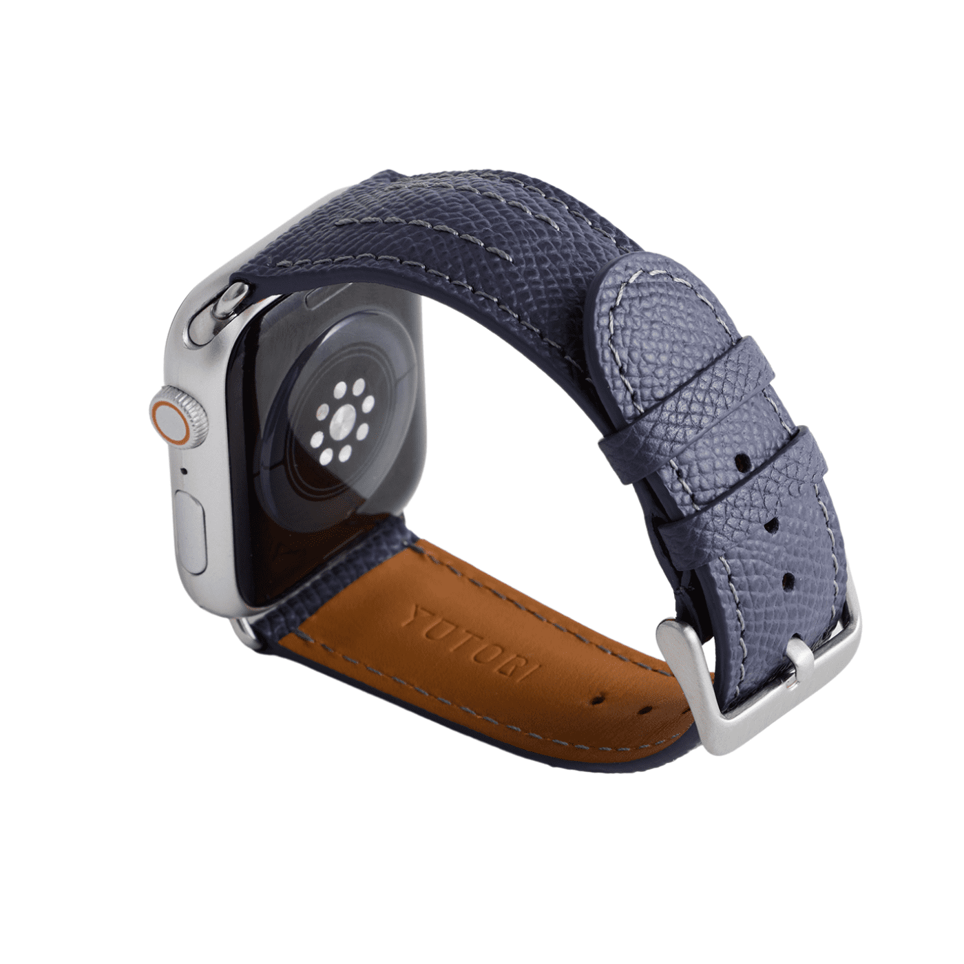 【YUTORI】AppleWatch用ラグジュアリーレザーバンド(色:インクブルー、シルバー金具)左後