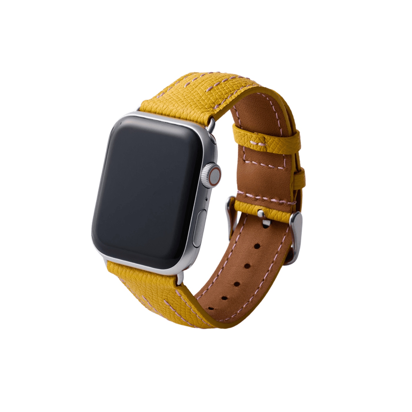 【YUTORI】AppleWatch用ラグジュアリーレザーバンド(色:イエロー、シルバー金具)右前