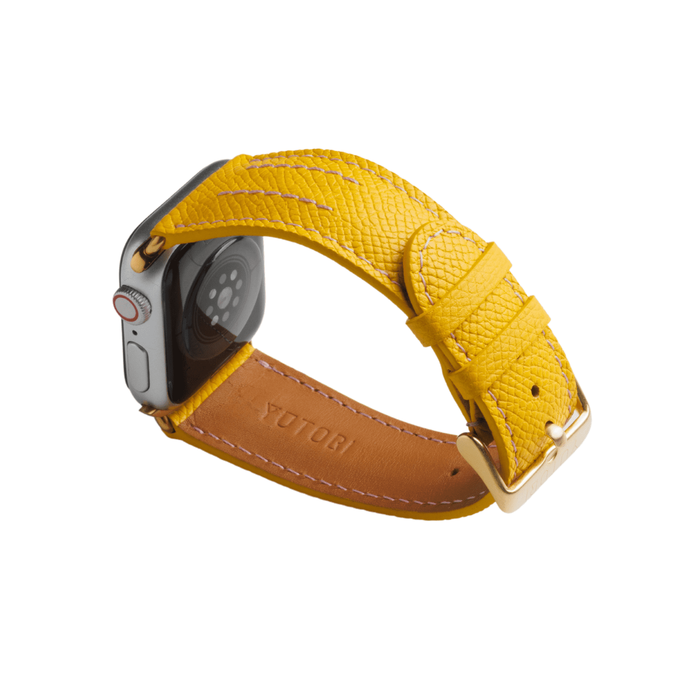 【YUTORI】AppleWatch用ラグジュアリーレザーバンド(色:イエロー、ゴールド金具)左後
