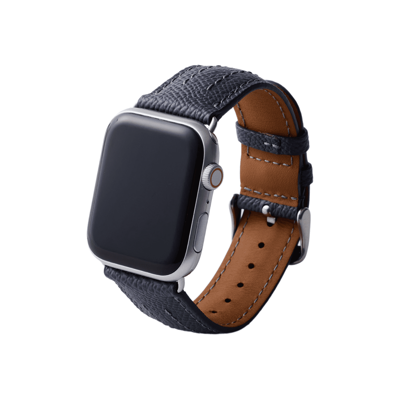 【YUTORI】AppleWatch用ラグジュアリーレザーバンド(色:インクブルー、シルバー金具)右前