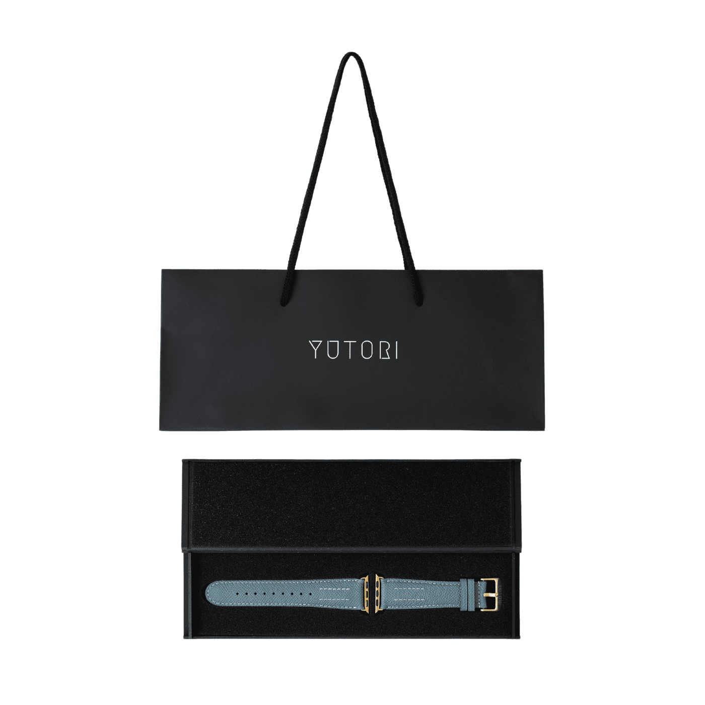 【YUTORI】AppleWatch用ラグジュアリーレザーバンド(色:ターコイズ、ゴールド金具)ショッパー