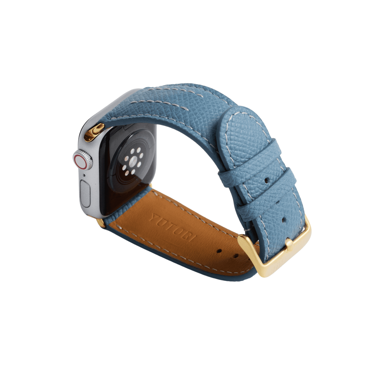 【YUTORI】AppleWatch用ラグジュアリーレザーバンド(色:ターコイズ、ゴールド金具)左後