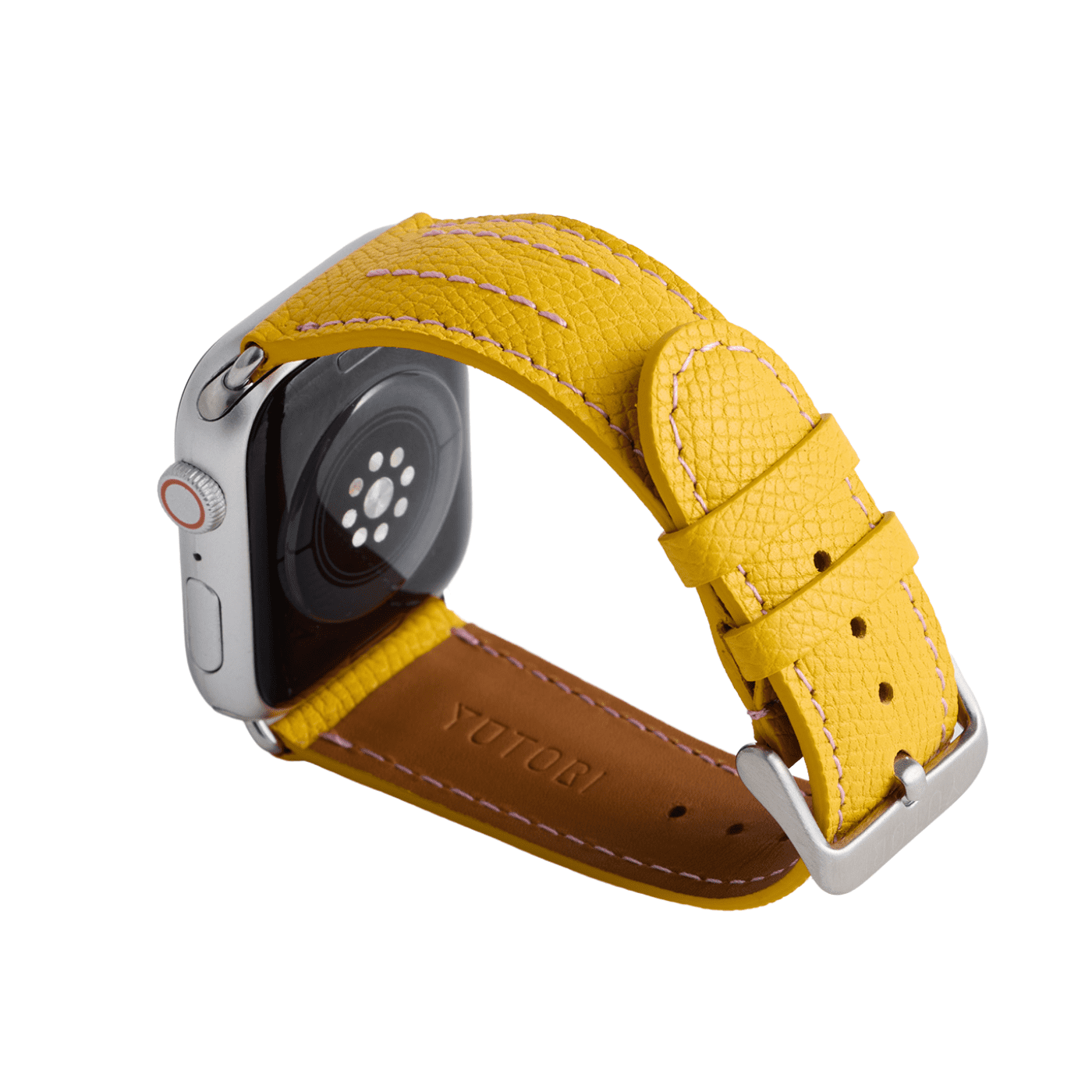 【YUTORI】AppleWatch用ラグジュアリーレザーバンド(色:イエロー、シルバー金具)左後