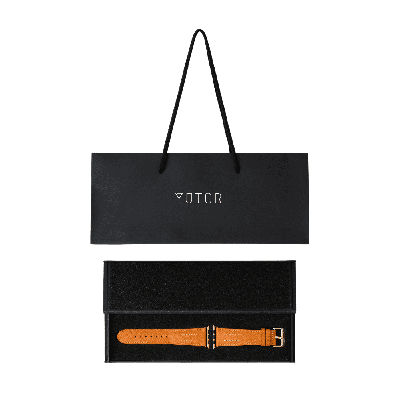 【YUTORI】AppleWatch用ラグジュアリーレザーバンド(色:オレンジ、ゴールド金具)ショッパー