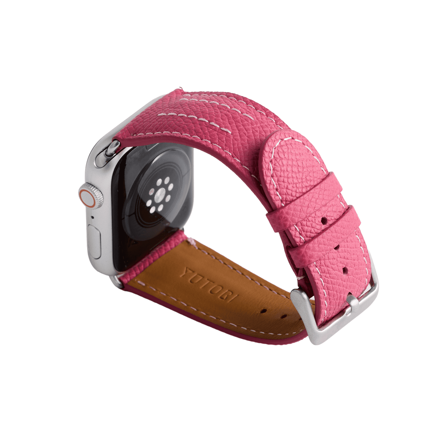 【YUTORI】AppleWatch用ラグジュアリーレザーバンド(色:ピンク、シルバー金具)左後
