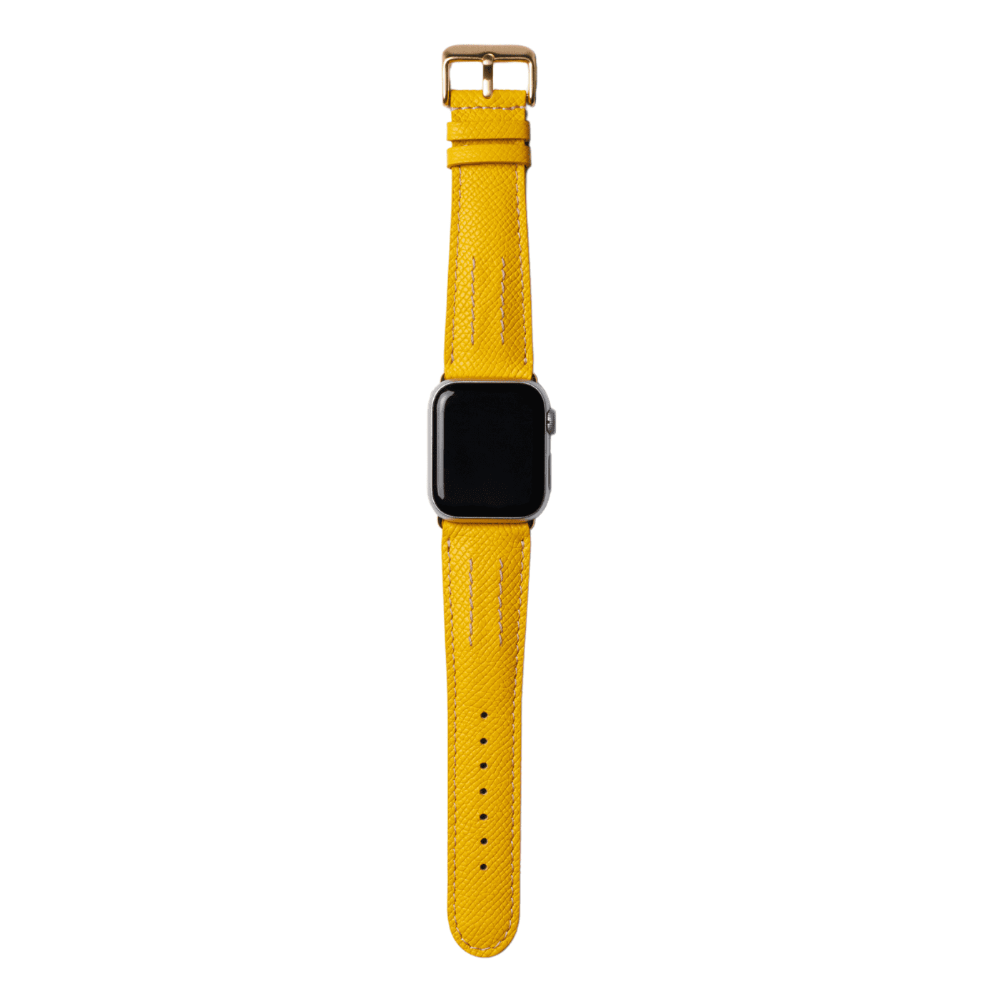 【YUTORI】AppleWatch用ラグジュアリーレザーバンド(色:イエロー、ゴールド金具)時計付き正面