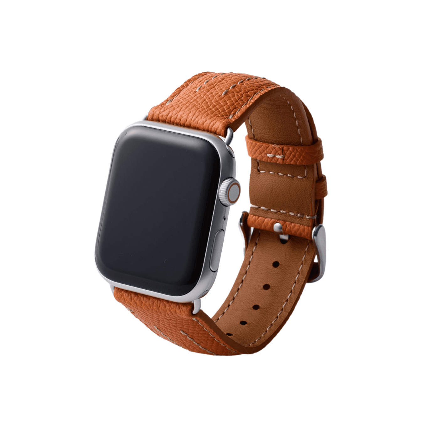 【YUTORI】AppleWatch用ラグジュアリーレザーバンド(色:オレンジ、シルバー金具)右前