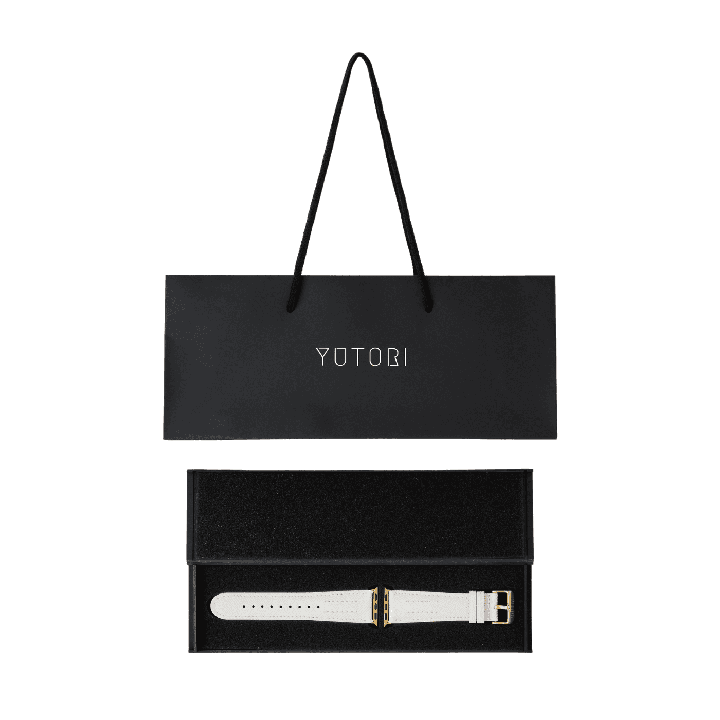 【YUTORI】AppleWatch用ラグジュアリーレザーバンド(色:ホワイト、ゴールド金具)オリジナルショッパー