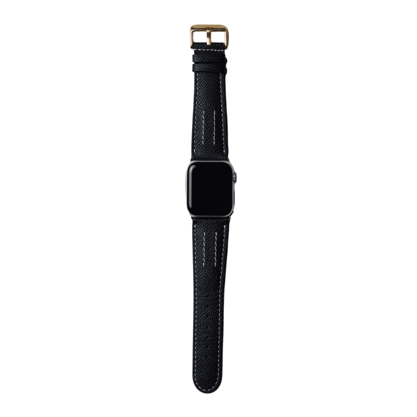 【YUTORI】AppleWatch用ラグジュアリーレザーバンド(色:ブラック、ゴールド金具)時計付き正面
