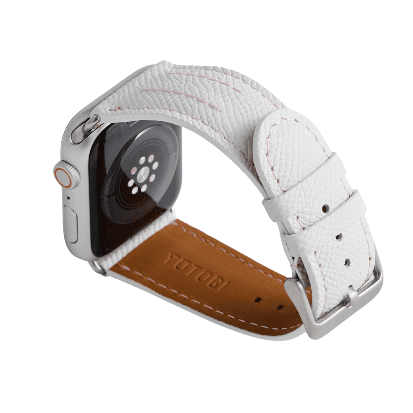 【YUTORI】AppleWatch用ラグジュアリーレザーバンド(色:ホワイト、シルバー金具)左後