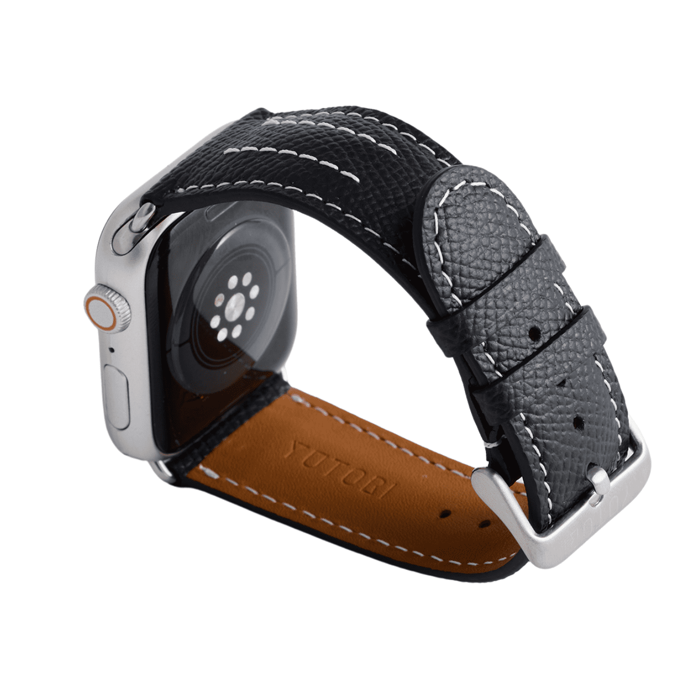 【YUTORI】AppleWatch用ラグジュアリーレザーバンド(色:ブラック、シルバー金具)左後