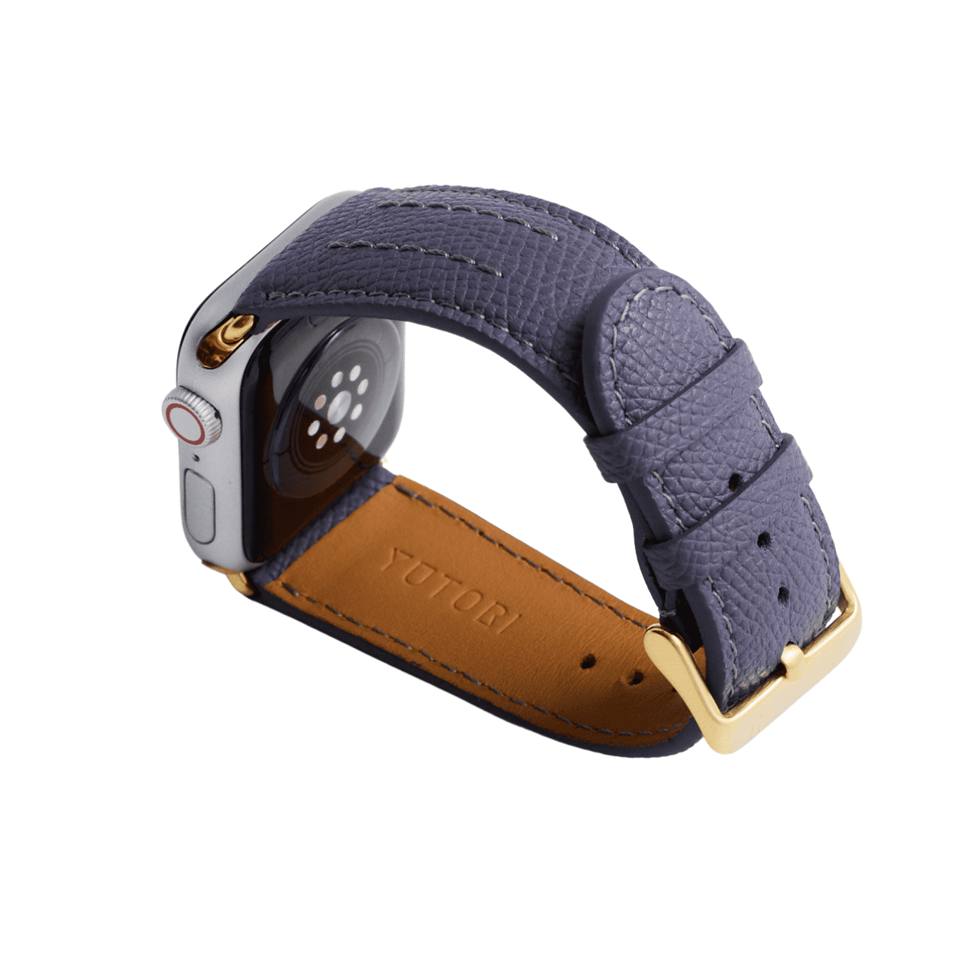 【YUTORI】AppleWatch用ラグジュアリーレザーバンド(色:インクブルー、ゴールド金具)左後