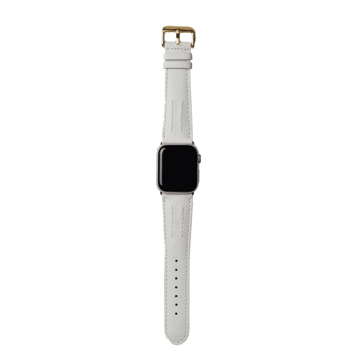 【YUTORI】AppleWatch用ラグジュアリーレザーバンド(色:ホワイト、ゴールド金具)時計付正面