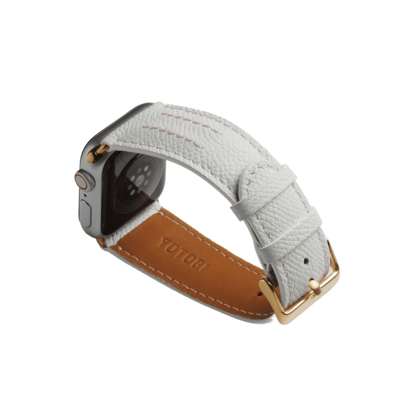 【YUTORI】AppleWatch用ラグジュアリーレザーバンド(色:ホワイト、ゴールド金具)左後
