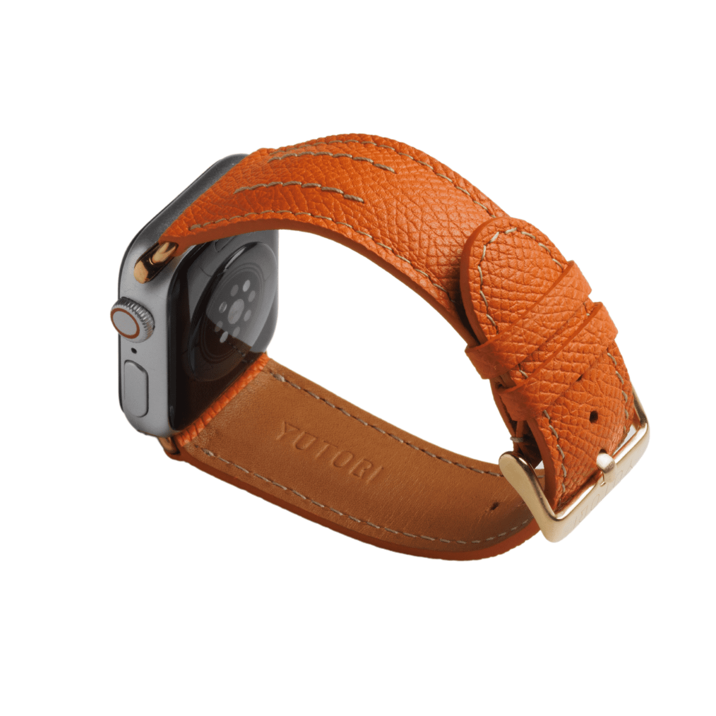 【YUTORI】AppleWatch用ラグジュアリーレザーバンド(色:オレンジ、ゴールド金具)左後