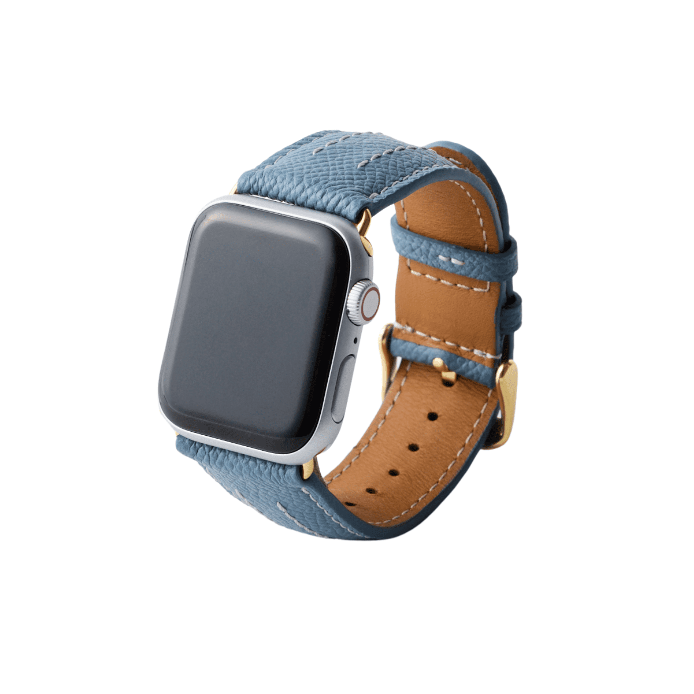 【YUTORI】AppleWatch用ラグジュアリーレザーバンド(色:ターコイズ、ゴールド金具)右前