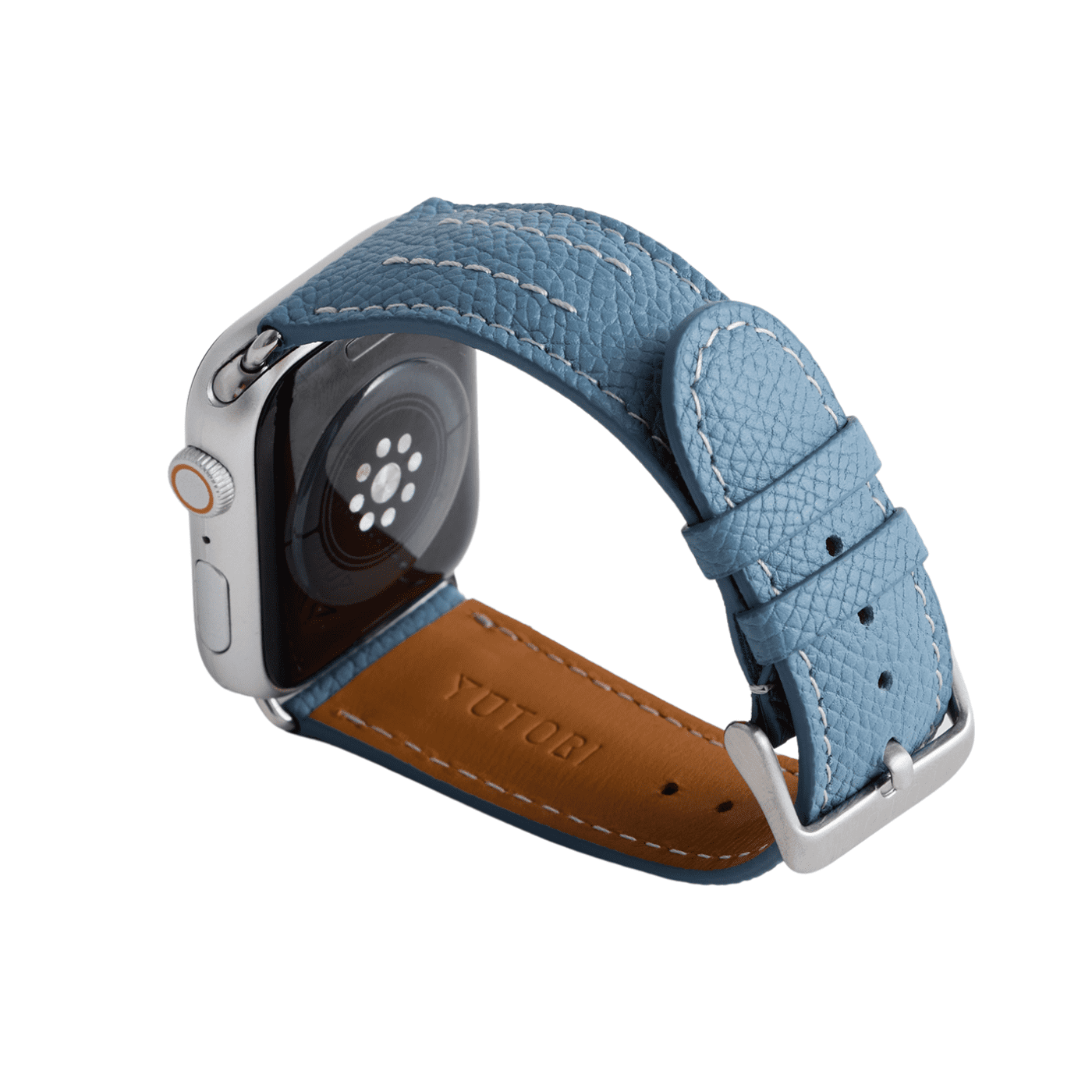 【YUTORI】AppleWatch用ラグジュアリーレザーバンド(色：ターコイズ、シルバー金具)左後