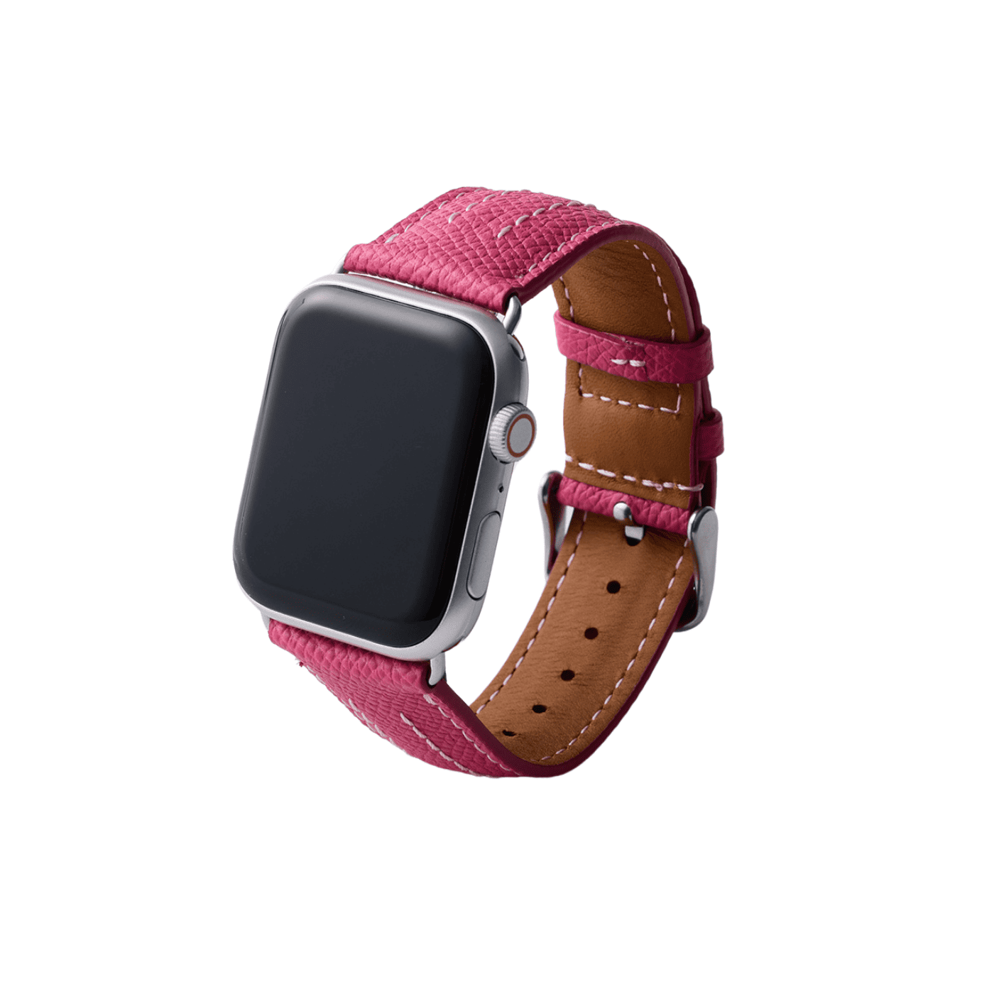 【YUTORI】AppleWatch用ラグジュアリーレザーバンド(色：ピンク、シルバー金具)右前