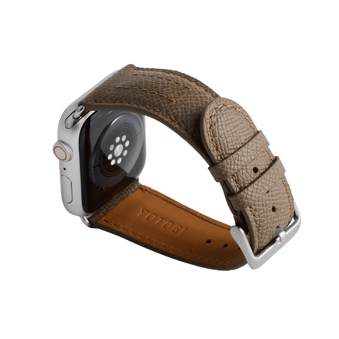 【YUTORI】AppleWatch用ラグジュアリーレザーバンド(色：トープ、シルバー金具)左後