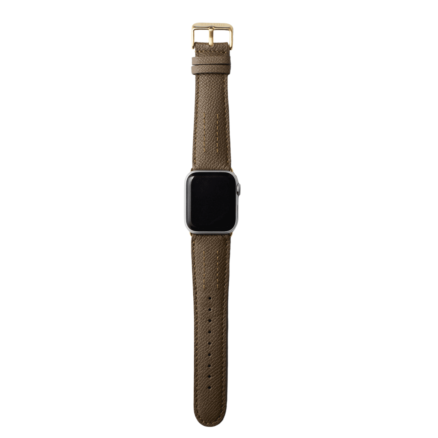 【YUTORI】AppleWatch用ラグジュアリーレザーバンド(色：トープ、ゴールド金具)時計付き正面